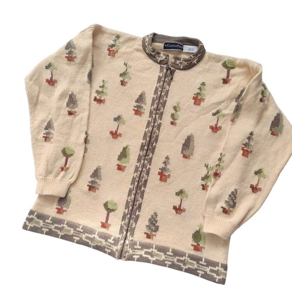 Christine Foley Tree Print Cardigan L XL Vintage Heavy Cotton Sweater